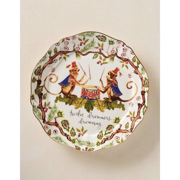 Anthropologie Inslee Fariss Twelve Days of Christmas Menagerie Plate Drummers - Picture 1 of 6
